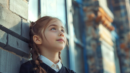 Obraz premium Portrait of a young european girl with braided hair looking up thoughtfully, standing against a blurred urban background.