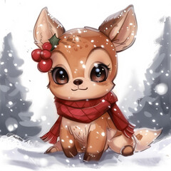 Cute Funny Cartoon Reindeer, Illustration for Children Book, Generative AI