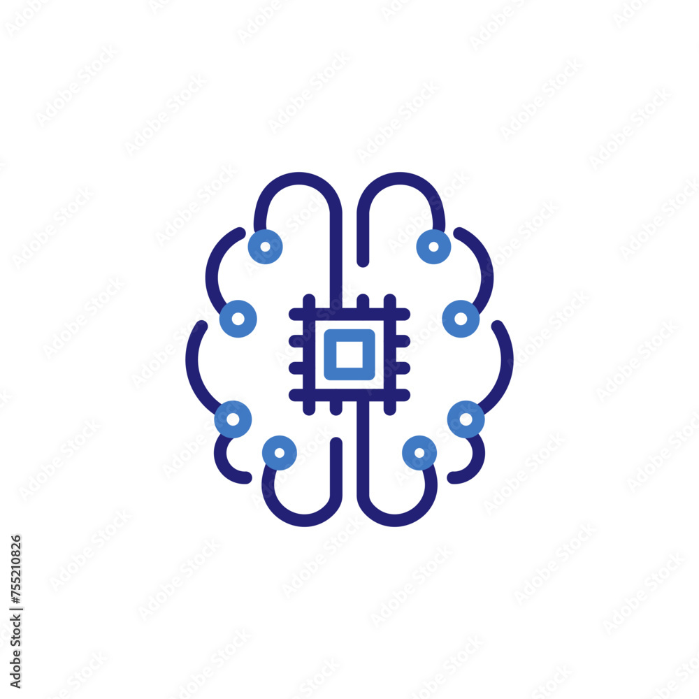 Wall mural icon for artificial intelligence. ai brain icon with circuits and central chip, vector thin line ill