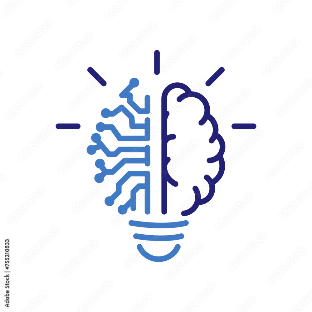Wall mural generative ai lamp icon with human and circuit brain halves, vector thin line illustration for creat
