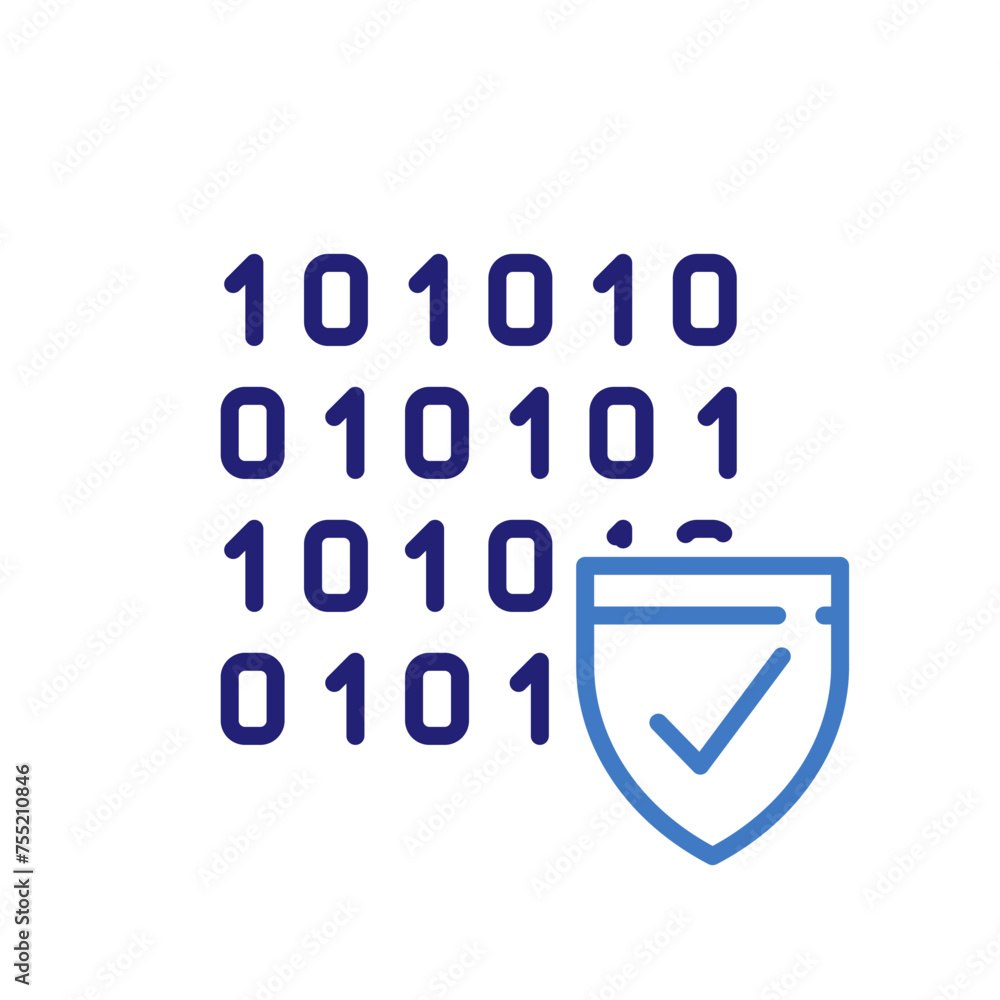 Poster data privacy and security icon with binary code and shield, vector thin line illustration for cyber 