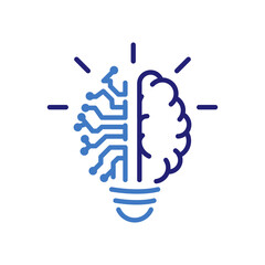 generative ai lamp icon with human and circuit brain halves, vector thin line illustration for creative technology, artificial intelligence innovation, and cognitive computing