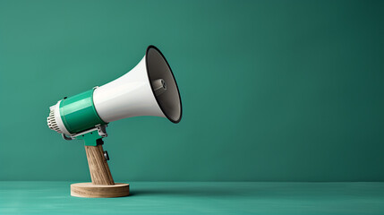 Vintage megaphone on wooden stand against a green background with copy space.