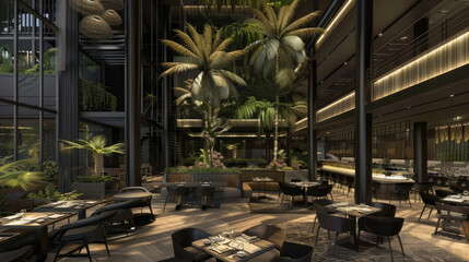 Modern restaurant interior with lush greenery elegant furniture warm lighting and a chic inviting ambiance for dining