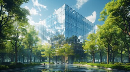 Obraz premium Skyscraper surrounded by trees, pond, and natures beauty