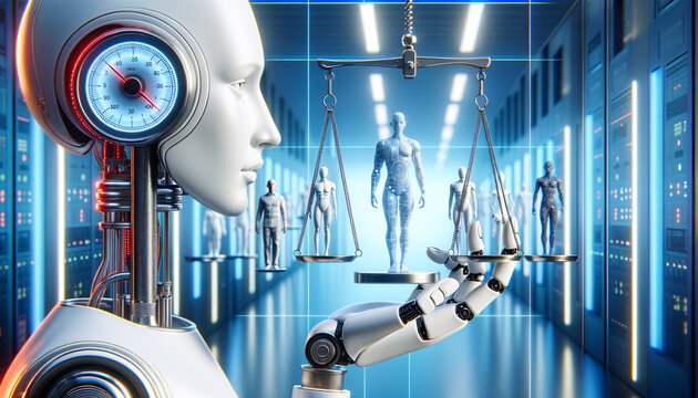 High-tech humanoid robot balancing scale with human and digital figures, symbolizing AI ethics.