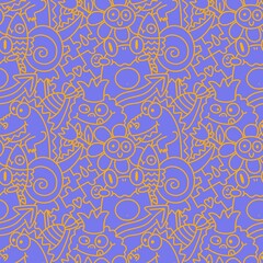 Cartoon animals doodle animals monsters seamless frogs and flower and dinosaur and fish pattern for wrapping paper