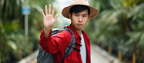A young Asian traveler, carrying a backpack and wearing a hat, stands with outstretched hand waving. He is ready to capture adventures and shows a stop sign gesture preventing you from advancing. - obrazy, fototapety, plakaty