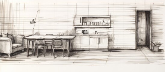 This detailed freehand sketch showcases a living room and kitchen within a furnished home apartment. The drawing captures the layout, furniture,