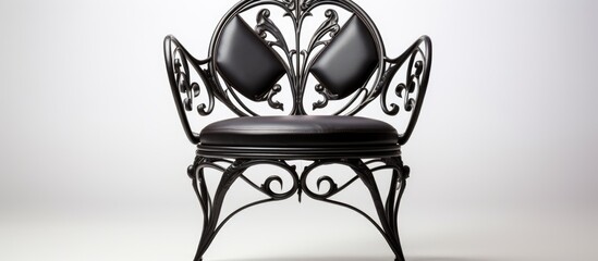 A black metal chair with a leather seat is displayed against a plain white background. The chair stands out with its distinctive design and contrast between the black metal and white setting.