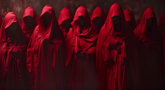 Hooded Red Figures Gathering in Dark Room