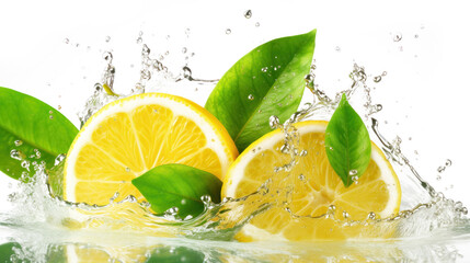 Lemon fruits slices dive in water splash