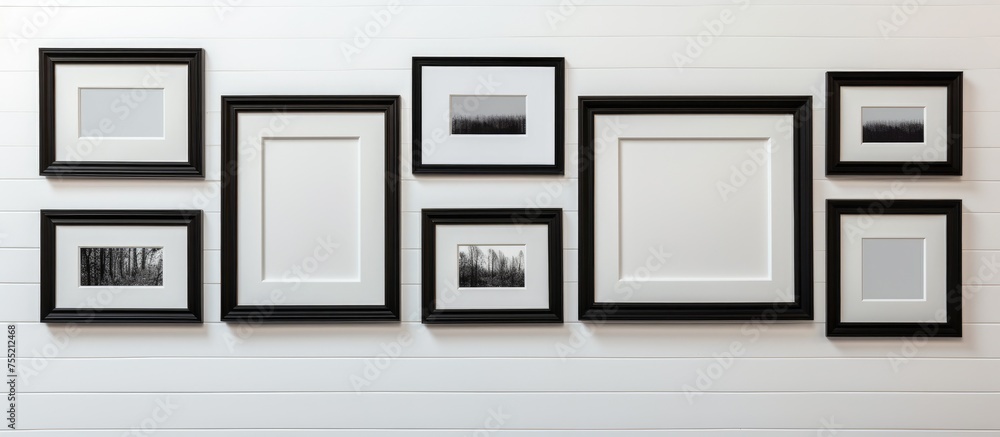 Poster a collection of black and white frames are neatly arranged and hung on a wall, creating a striking v