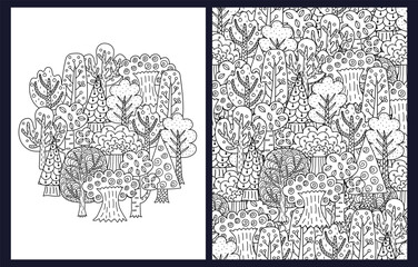Doodle trees coloring pages set. Black and white templates with whimsical trees. Outline background. Vector illustration