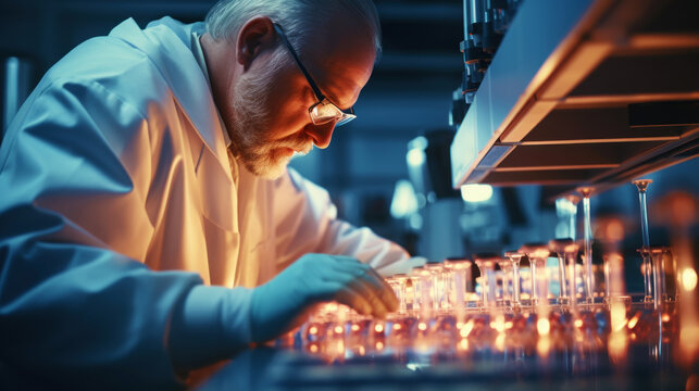 A close-up of the hands of a scientist working with test tubes in a laboratory. Modern discovery. Generative AI