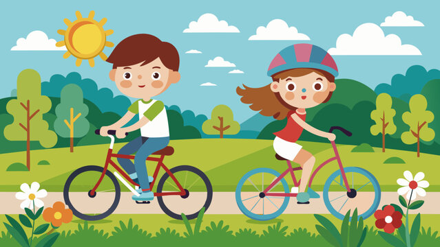 cycling boy and girl vector illustration
