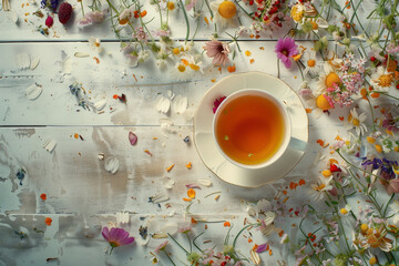 White cup of tea and different herbs on a white wooden background