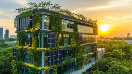 A building with solar panels, placed on a slope, against a sunset sky, creates an eco-friendly landscape. AIG41 - obrazy, fototapety, plakaty