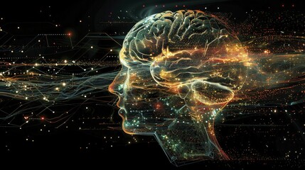 A digital brain evolves with complexity, showcasing ML's adaptive nature in a graphic digital tech style.