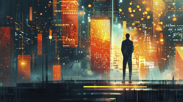 A dynamic illustration of a financial forecasting model adjusting to market changes in real time through ML, digital graphic technology style.