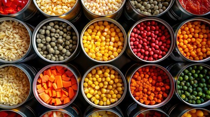 Top view of multiple cans of various vegetables in cans