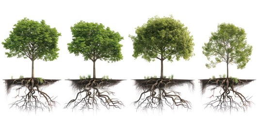 Trees with roots set isolated on white background