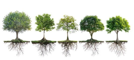 Trees with roots set isolated on white background - obrazy, fototapety, plakaty