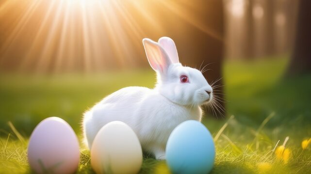 white Easter bunny on the grass with multi-colored pastel-tone eggs. Easter symbol.Holiday concept