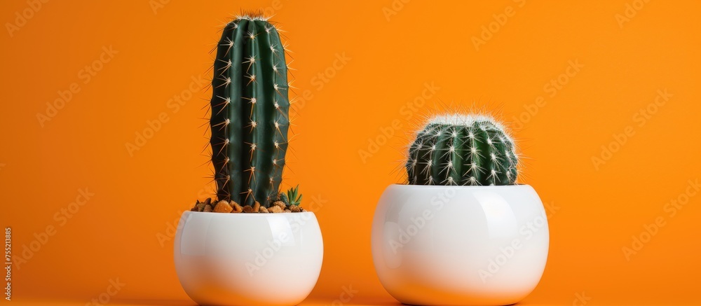 Aufkleber A close-up view of two white vases positioned side by side on a surface. The vases are identical in shape and size, creating a symmetrical arrangement. Adjacent to them is an isolated orange pot with