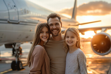 Happy Father with Daughters at Airport, Sunset Family Travel Moment
