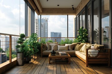 A cozy balcony with a wooden couch, coffee table, and potted plants, perfect for enjoying the view of the sky and grass in front of the building