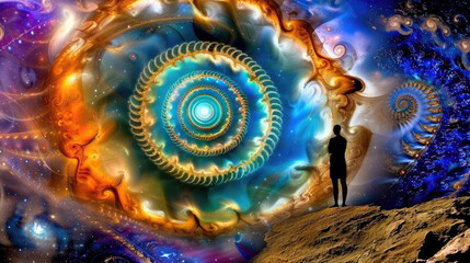 A person stands on a cliff observing a vibrant cosmic scene with spirals symbolizing infinity or a fractal universe
