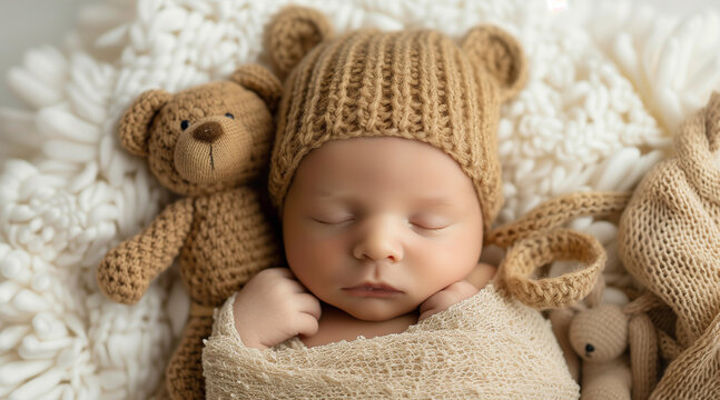 Sleeping newborn boy in the first days of life on white background with teddy bear. Top view, baby boy with adorable face