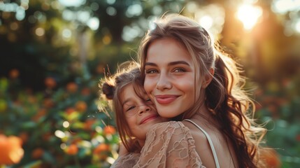 Happy mother's day! Child daughter congratulates mom and gives her flowers. Mum and girl smiling and hugging. Family holiday and togetherness