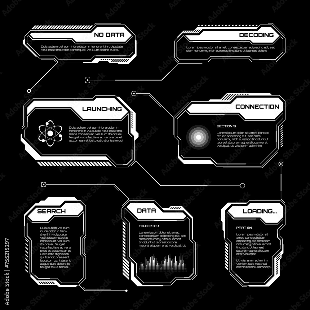 Poster white futuristic hud, ui elements. sci-fi user interface text boxes, callouts. warning message frame