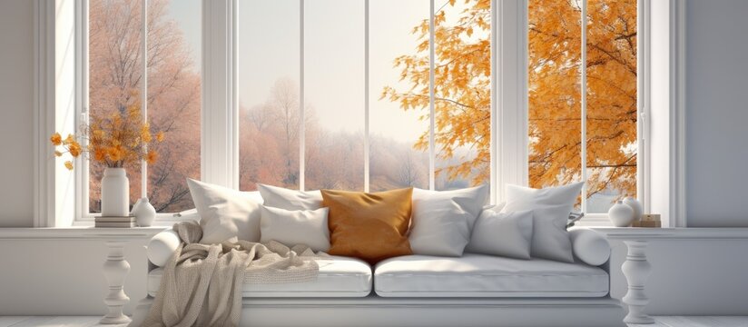 A bright living room filled with stylish furniture, including a sofa, chairs, and tables. A large window showcases an autumn landscape, adding natural light to the Scandinavian interior design.