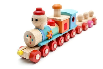 wooden toy locomotive with a face, isolated on white background - 755215697