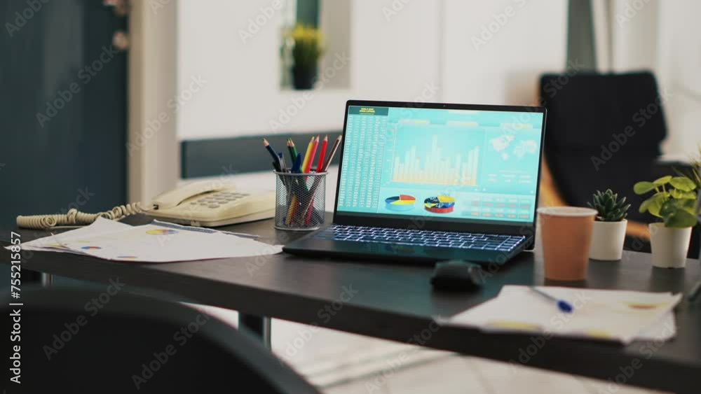 Poster financial stock market diagrams with charts and stock figures on laptop showing profits and losses o