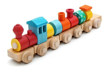 Colorful Wooden Toy Train on a White Background