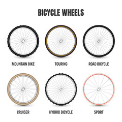 Realistic 3d retro bicycle wheels. Vintage bike rubber tyres, shiny metal spokes and rims. Fitness cycle, touring, sport, road and mountain bike. Vector illustration