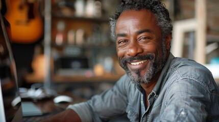 Portrait of a smiling mature middle age black entrepreneur businessman working on a computer at a desk in a casual, happy, positive office workplace