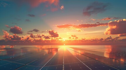 Sunset bathes rows of solar panels in warm light Solar farms are becoming increasingly common around the world ai generative images