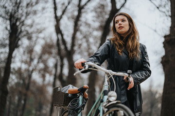 A stylish and confident young woman enjoying a break with her vintage bicycle in a serene park.