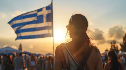 Schilderijen op glas the greek flag at the Greek Independence Day Parade © sergiokat