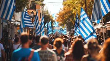 the greek flag at the Greek Independence Day Parade - obrazy, fototapety, plakaty