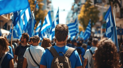 the greek flag at the Greek Independence Day Parade - obrazy, fototapety, plakaty