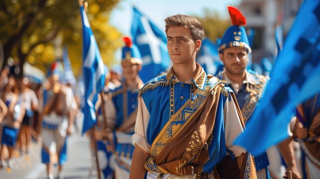 traditional clothing waving the greek flag at the Greek Independence Day Parade
