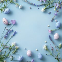 Naklejka na ściany i meble Happy Easter. Blue Blossom and Spotted Eggs, Easter Egg Flat Lay