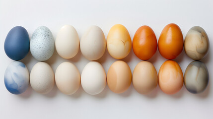 Happy Easter. An elegant array of natural eggs on white background