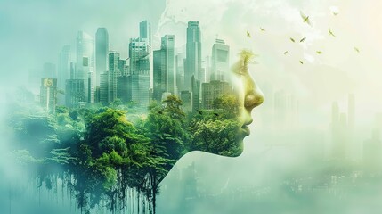 Sustainable environment concept. The image depicts human thinking towards preserving nature, reducing carbon footprint and building sustainable urban community for green future